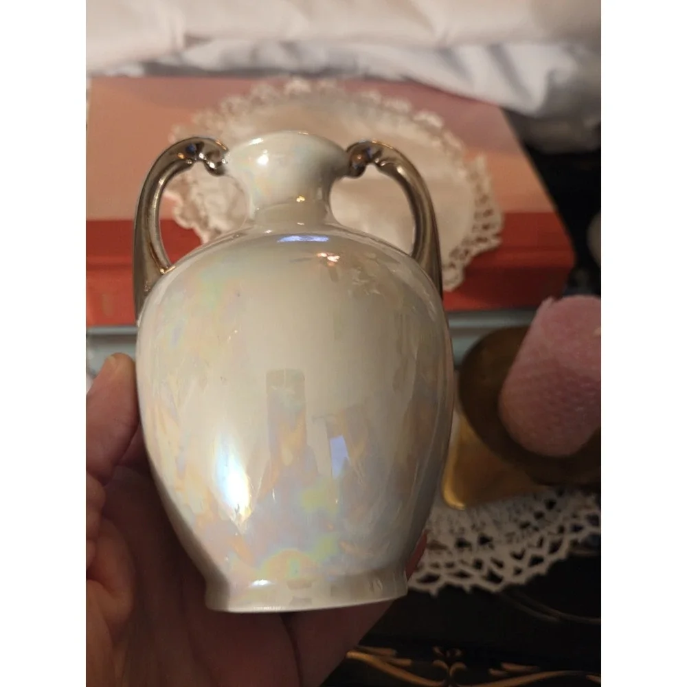 Vintage hand-painted porcelain or ceramic bud vase featuring an iridescent,...
